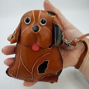 Cute Puppy Dog Leather Wristlet Gift Card Holder Mini Wallet Handmade Coin Purse